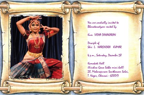 Bharatanatyam performnce at Kamakoti hall(shrui Krishnagana sabha mini hall) at 4pm, Saturday, December 28